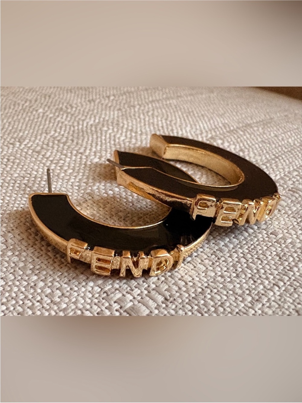 Fendi Black Enamel and Gold Letter Hoop Earrings
